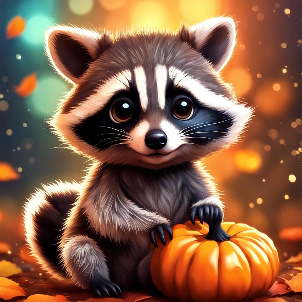 Adorable Raccoon with Pumpkin: Hyperrealistic Anime Art