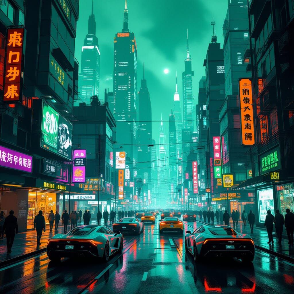 Cyberpunk Cityscape in Neon Green and Orange