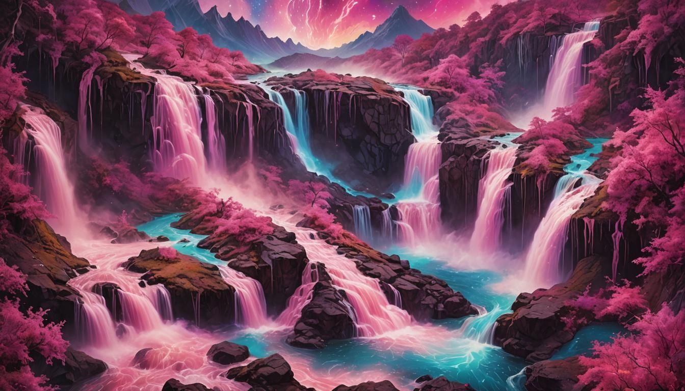 Visionary Astral Scape with Pink Waterfalls
