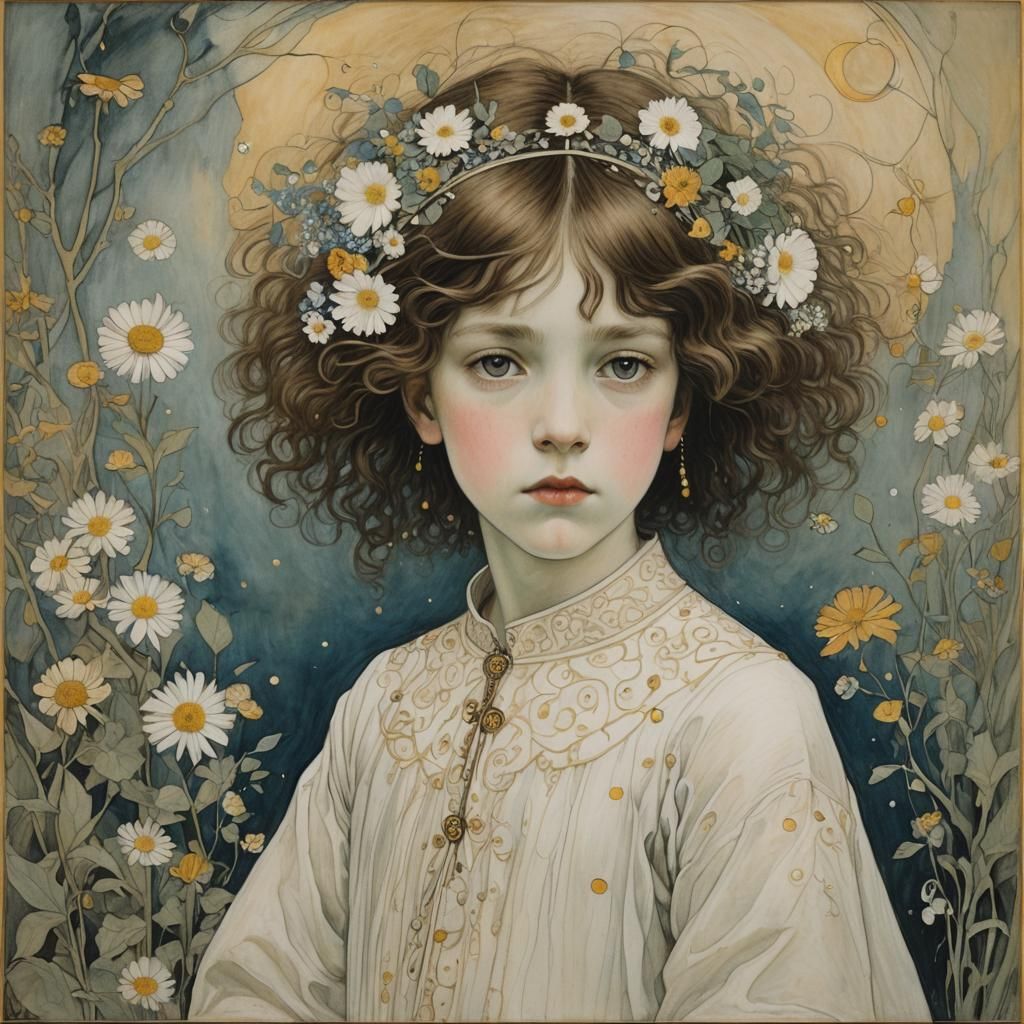 Child Portrait in Liminal Fairyland, Art Nouveau Style