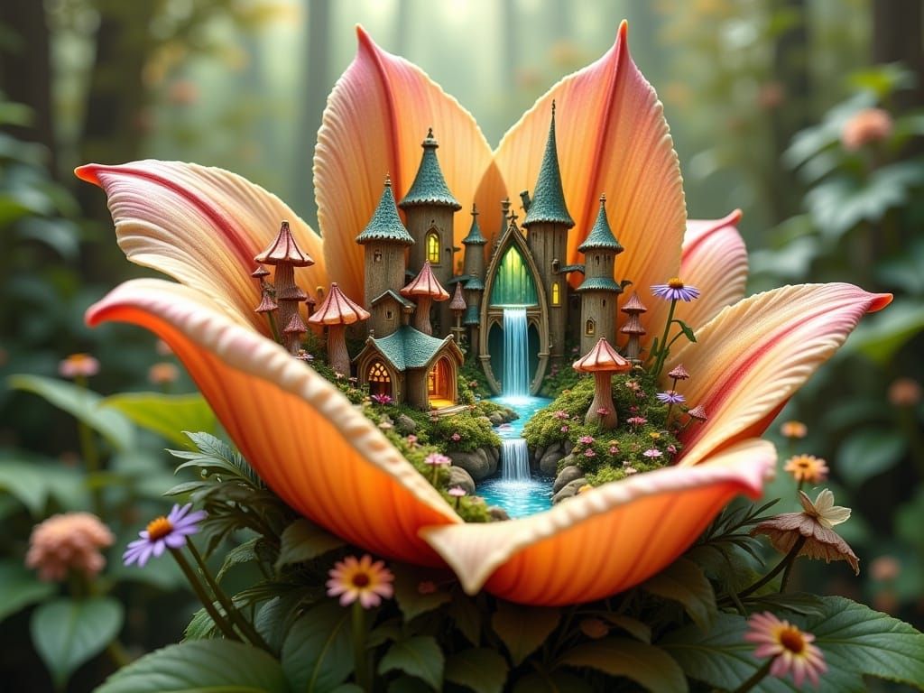 Whimsical Fairy Kingdom Inside a Vibrant Flower in Hyperdeta...