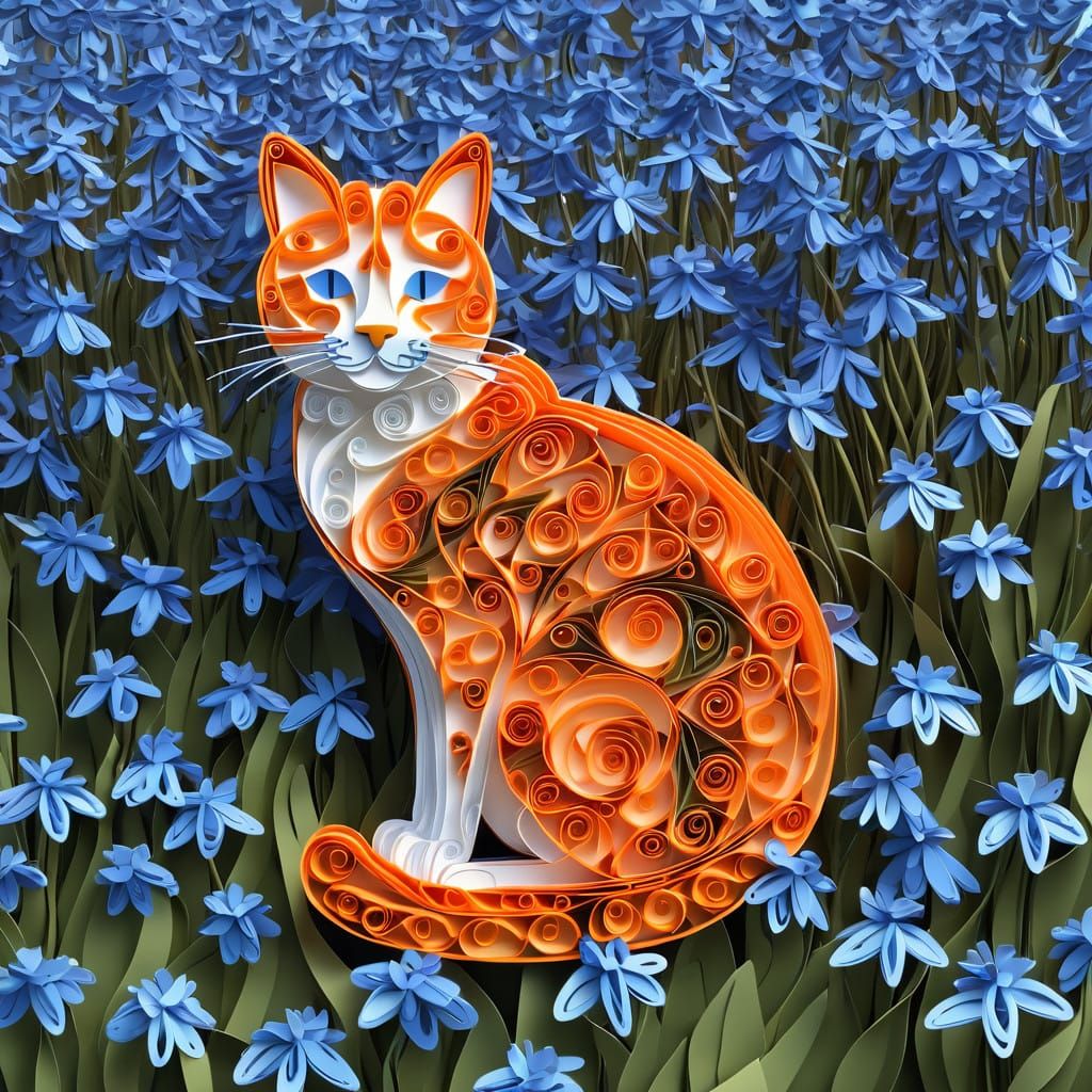 Whimsical Quilled Cat in an Exquisite Floral Setting
