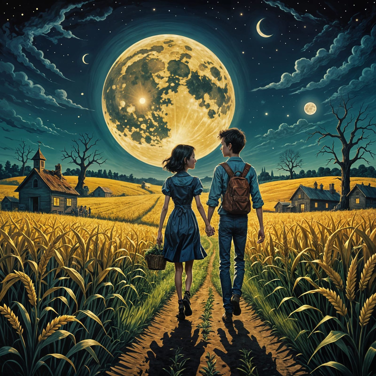 Couple Walking Through Moonlit Cornfield