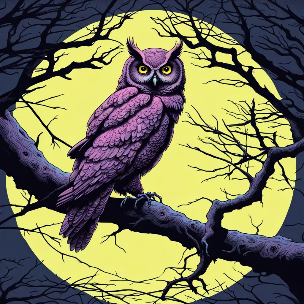 Occult Owl in Dark Forest: Synthwave Horror Art