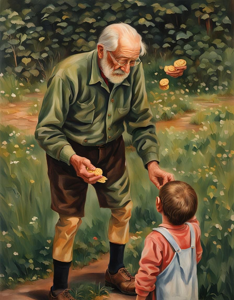 Old Man Sharing a Snack: Photorealistic Image