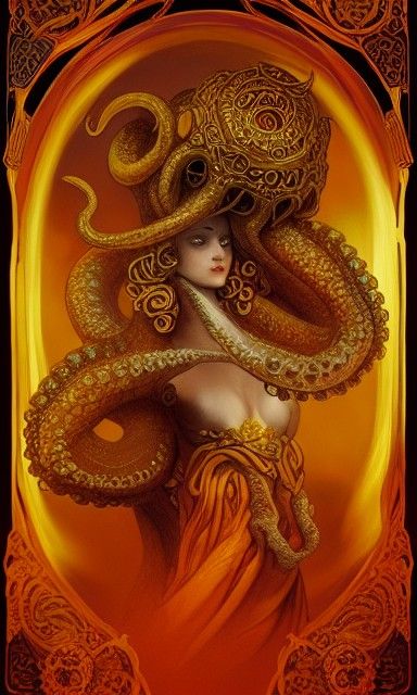 Octopus Tarot Card with Baroque Ornament in Art Nouveau Styl...