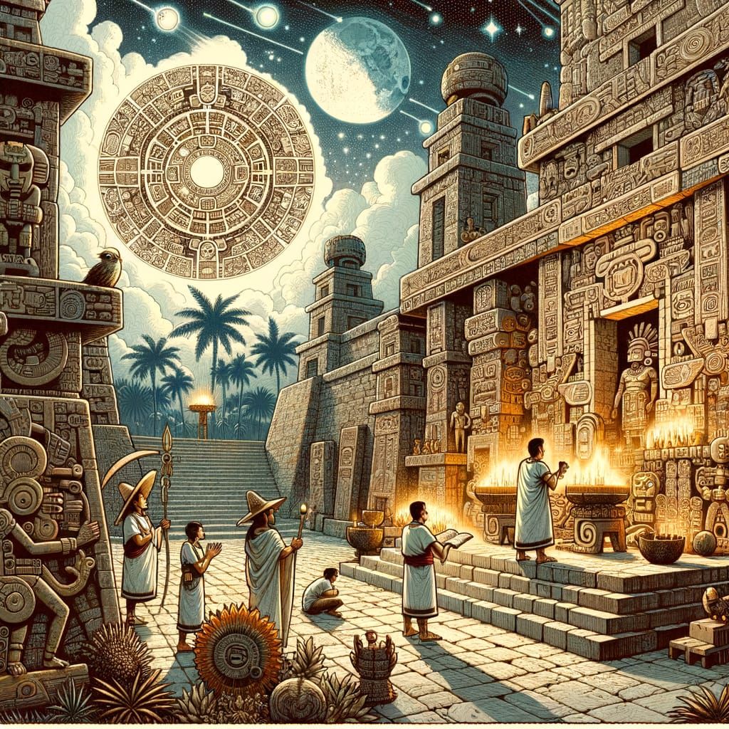 Aztec Temple Scene with Monotheistic Symbols