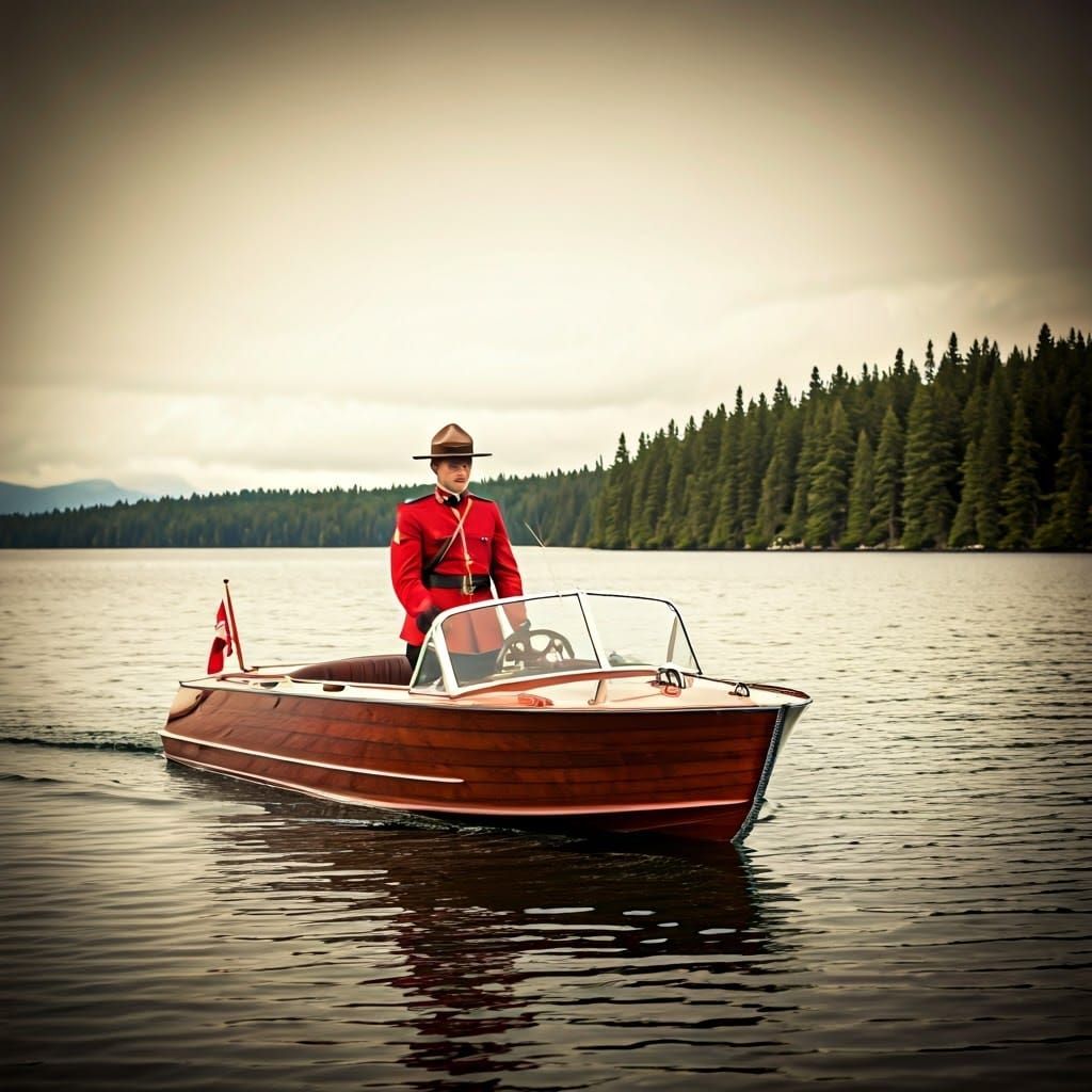 Royal Canadian Mountie Navigates Serene Lake Waters in Golde...