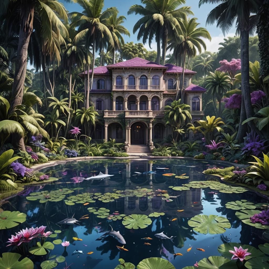 Mansion Courtyard with Shark Pool: Digital Art