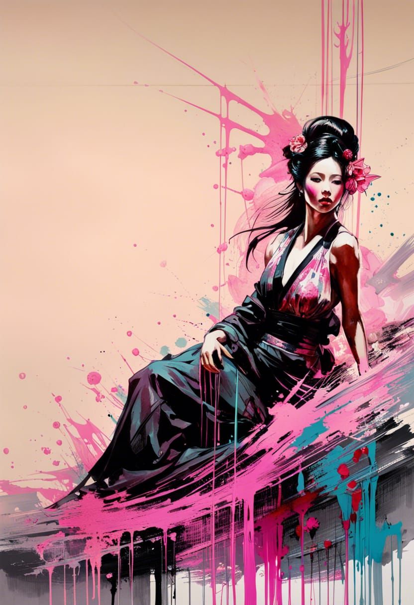 Detailed Ink splash shiny monochrome pink geisha ample bosom, revealing, curvy body : Alex maleev: Ashley Wood: Carne Gr...