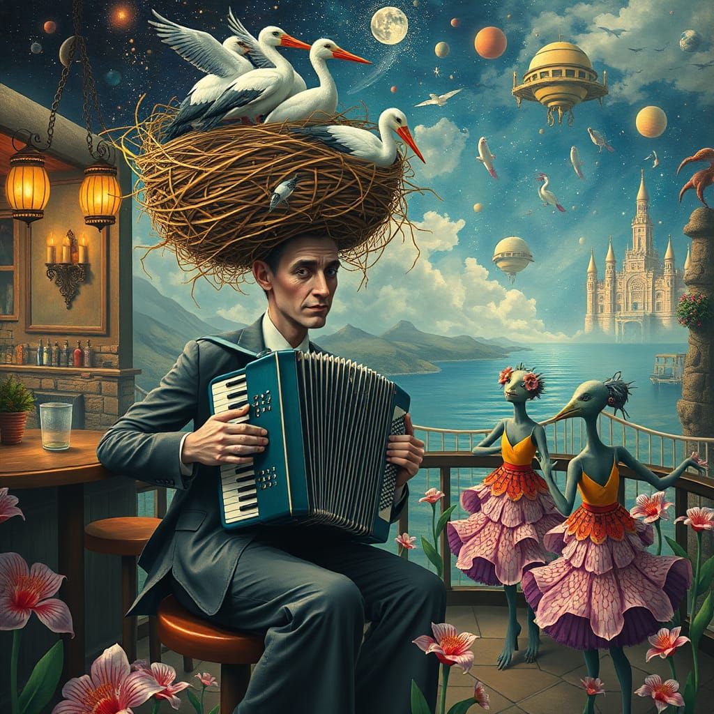 Surreal Galaxy Cafe Scene Inspired by Klimt