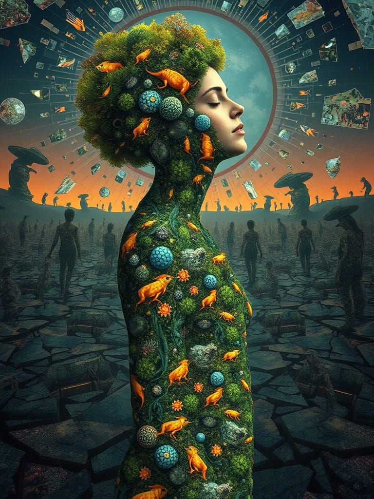 Surreal Bio-Art Landscape in Dreamlike Collage Style