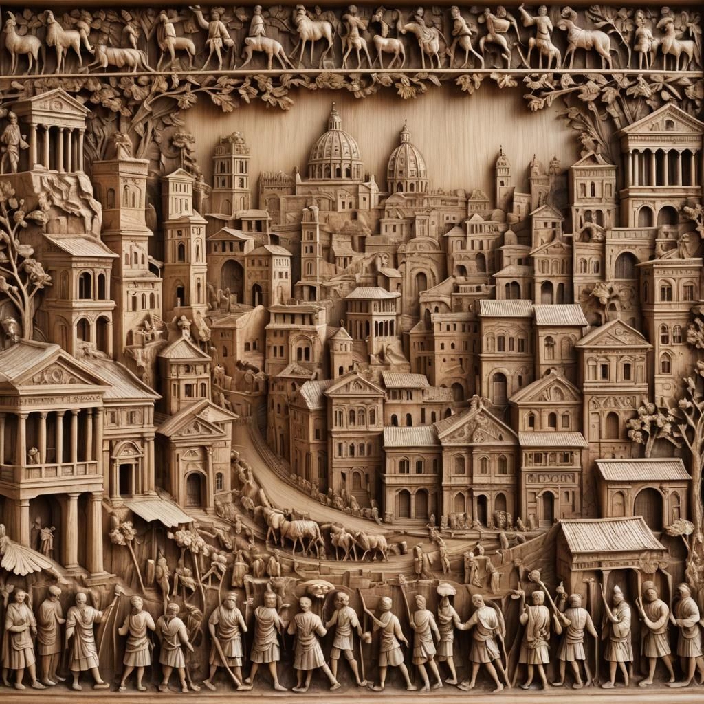 Detailed Wood Relief Carving of Rome City Scene
