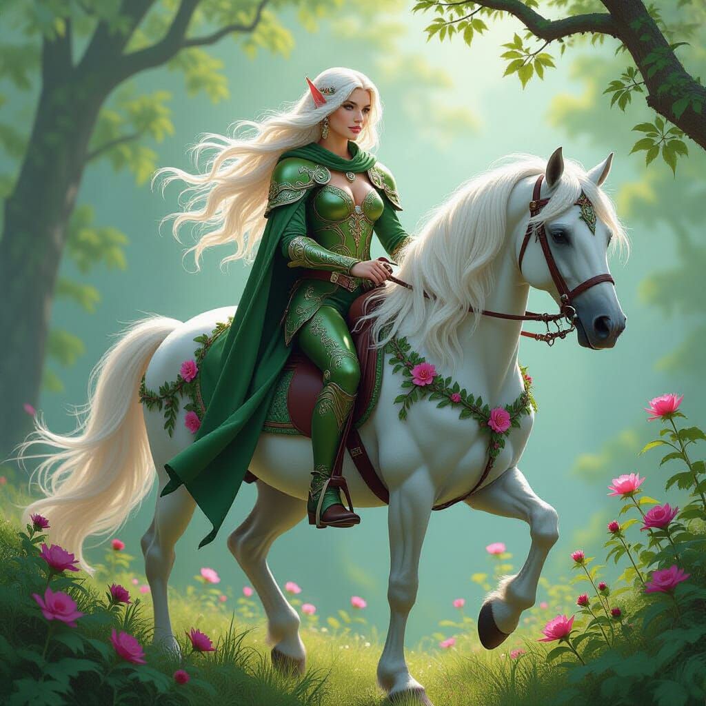 Elf Riding Floral Horse: Fantasy Art