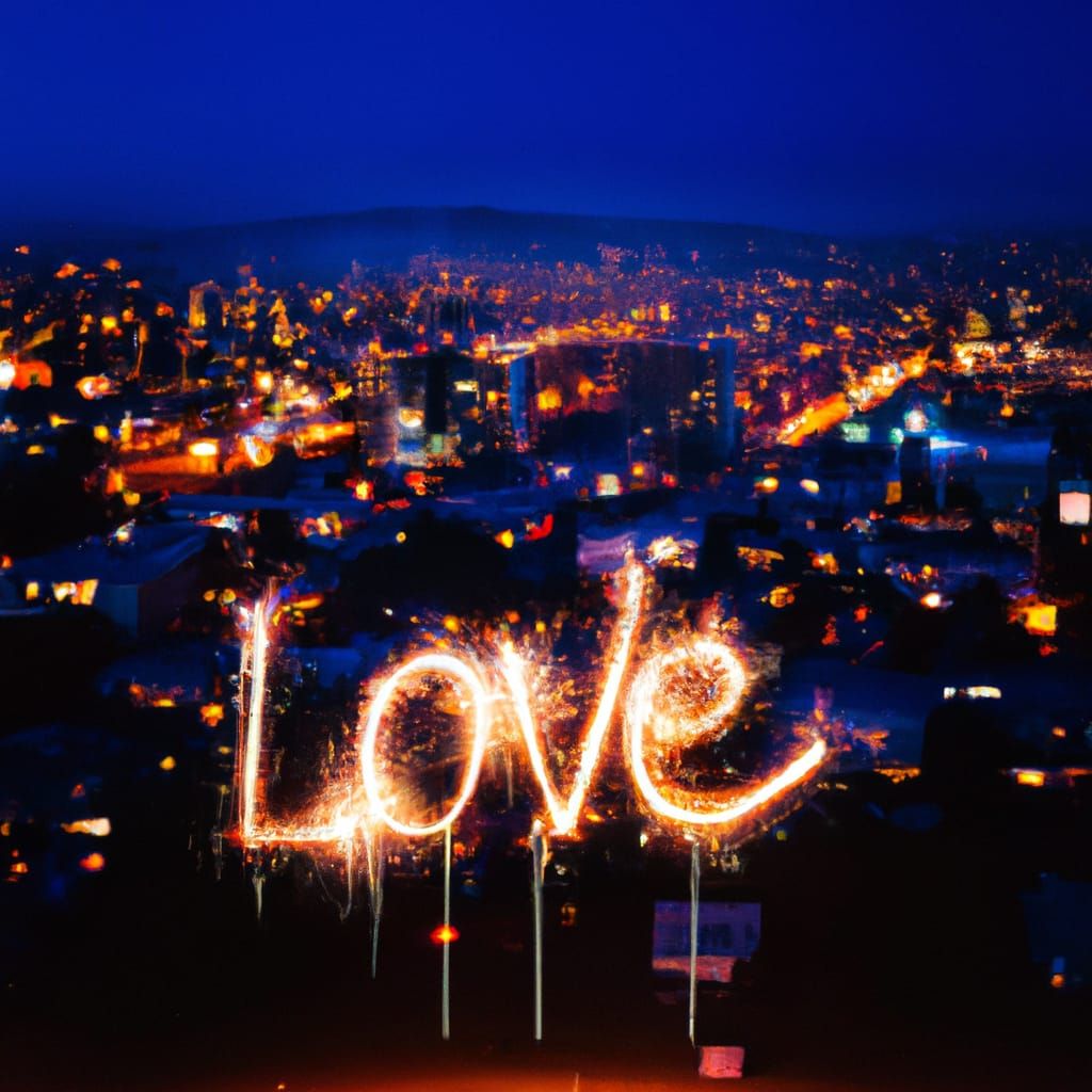 Sparkler Love Sign Over City Nightscape