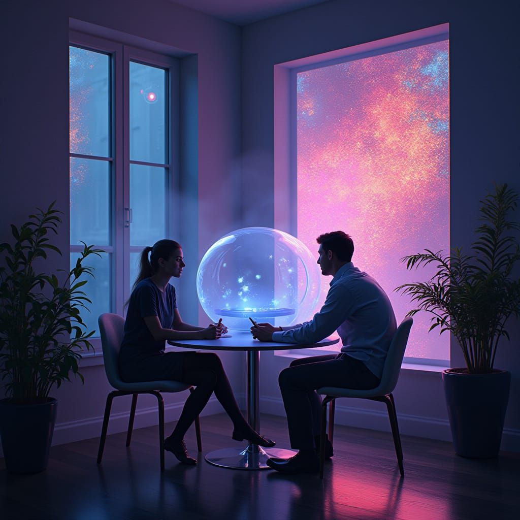 Futuristic Couple in Glitch Art Digital Landscape