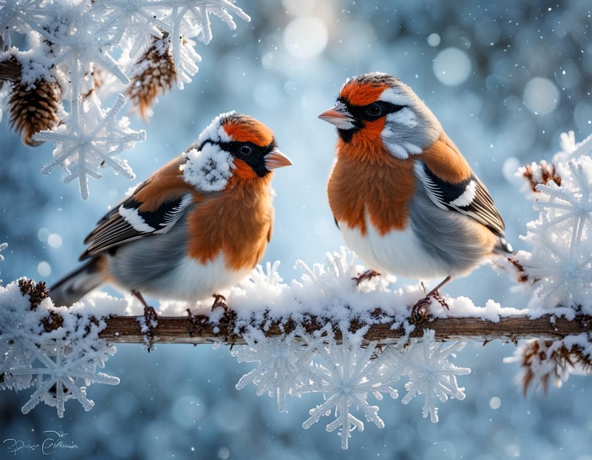 Furry Bullfinches Celebrate Christmas in Winter Wonderland