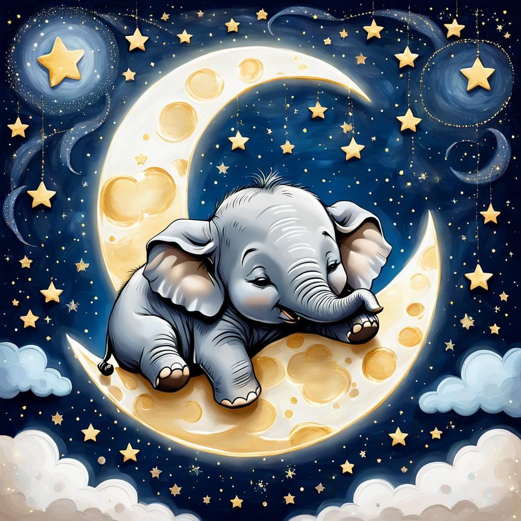 baby elephant sleeping on the moon