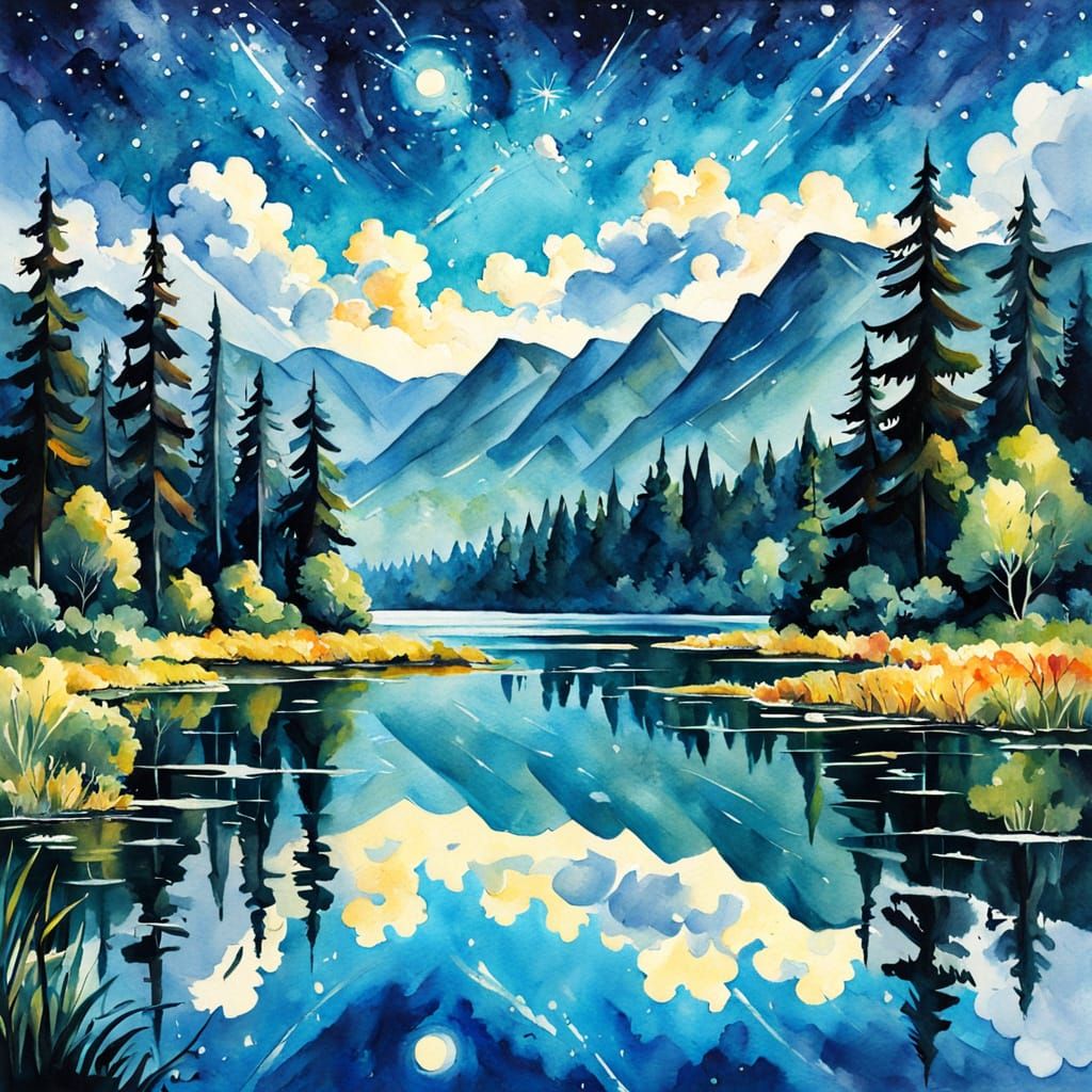Serene Lake Reflecting Starry Sky in Gouache Style