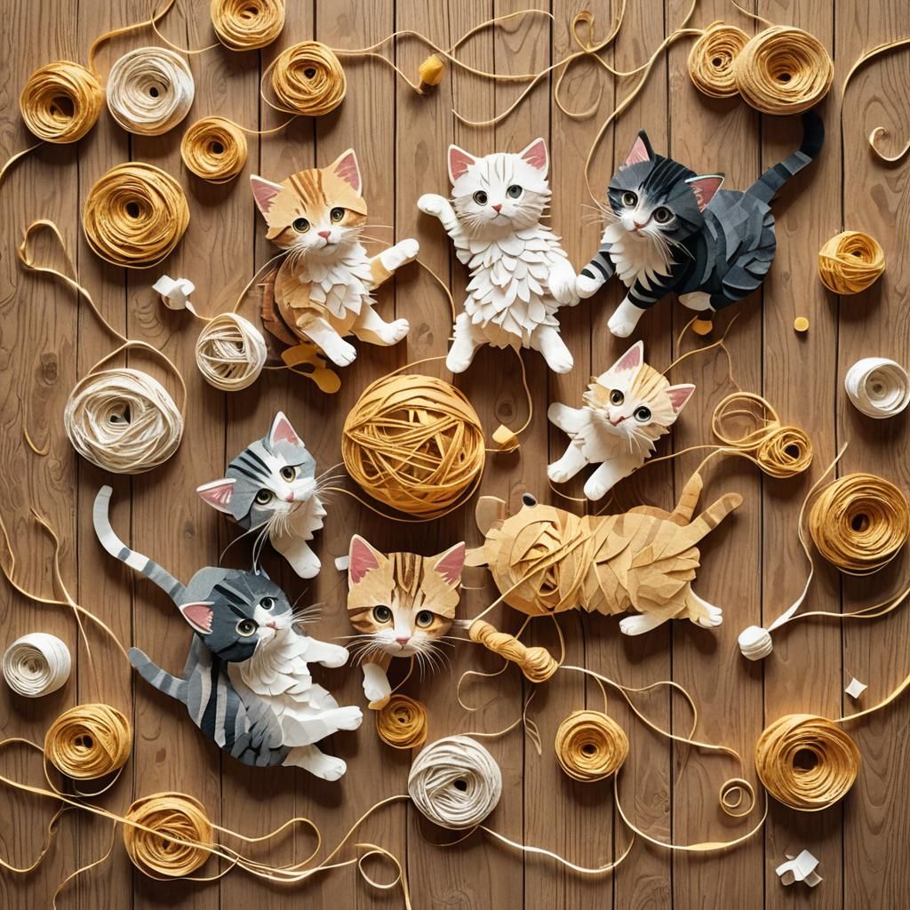 Kittens Playing: Paper Collage Art in Warm Colors
