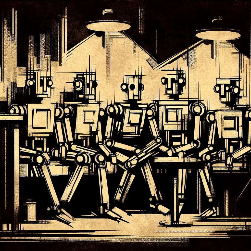 Brooding 1920s Robots in Dimly Lit Cafe