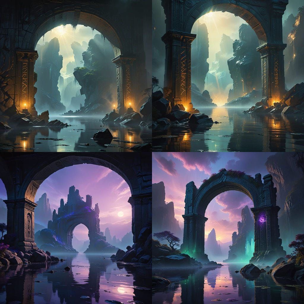 Ancient Stone Archway in Mist-Shrouded Lake