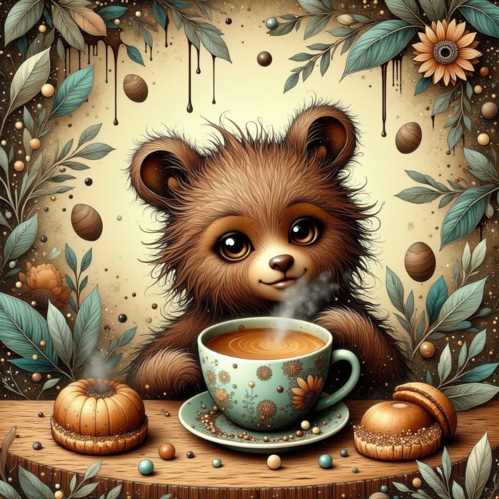 Cuddly Bear in Whimsical Coffee Scene