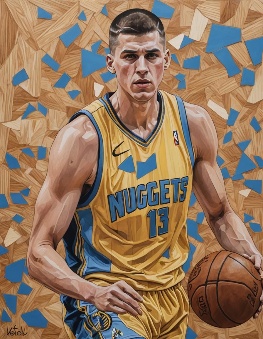 Nikola Jokic Street Art Marquetry in Abstract Style