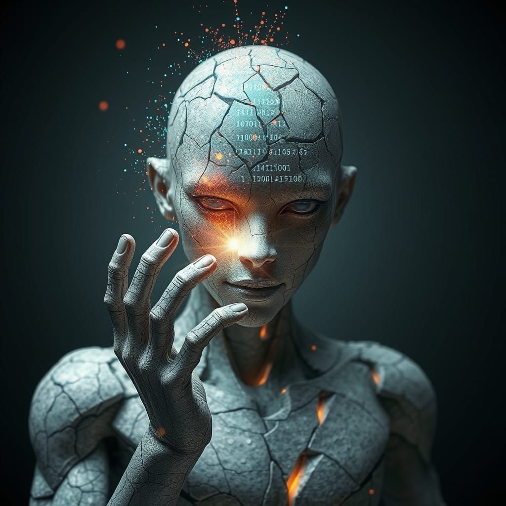 Futuristic Stone Figure With Emitting Digital Particles