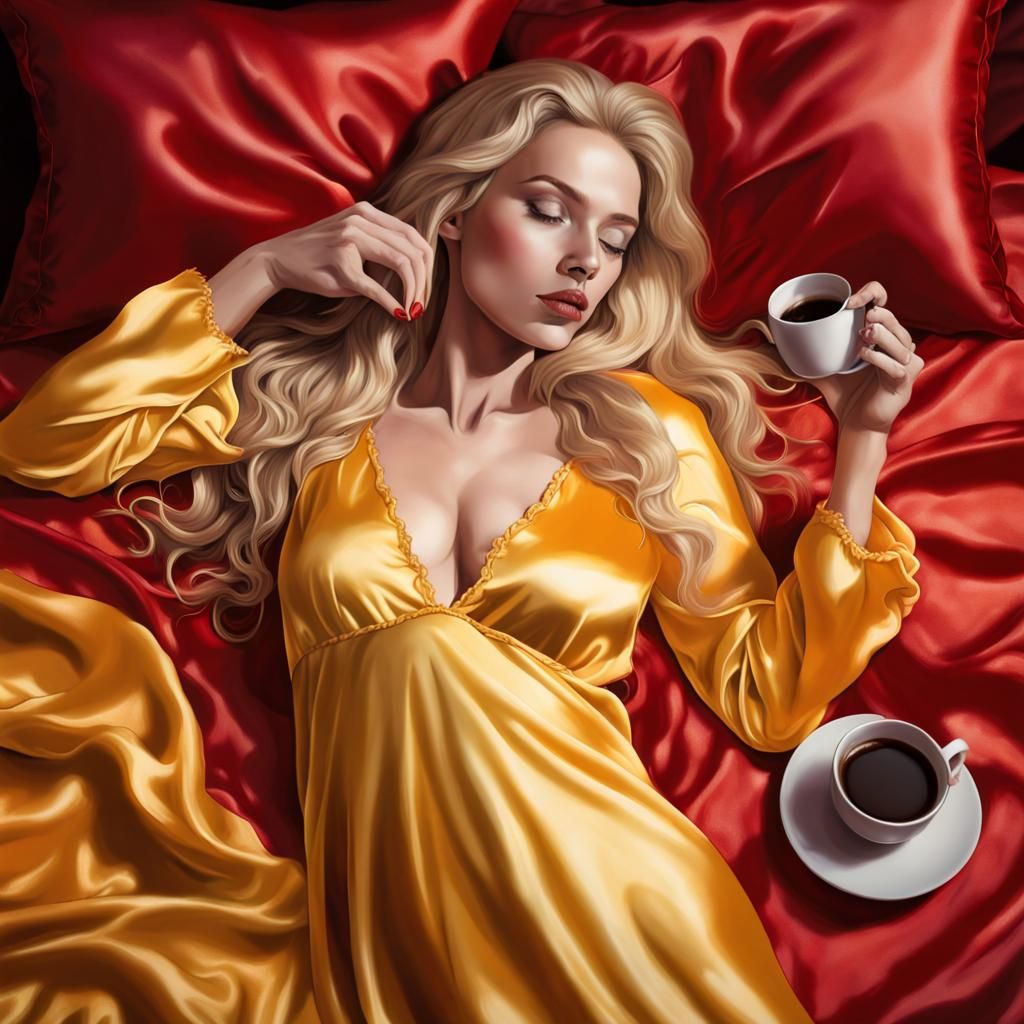 Woman in Satin Nightgown Drinking Coffee