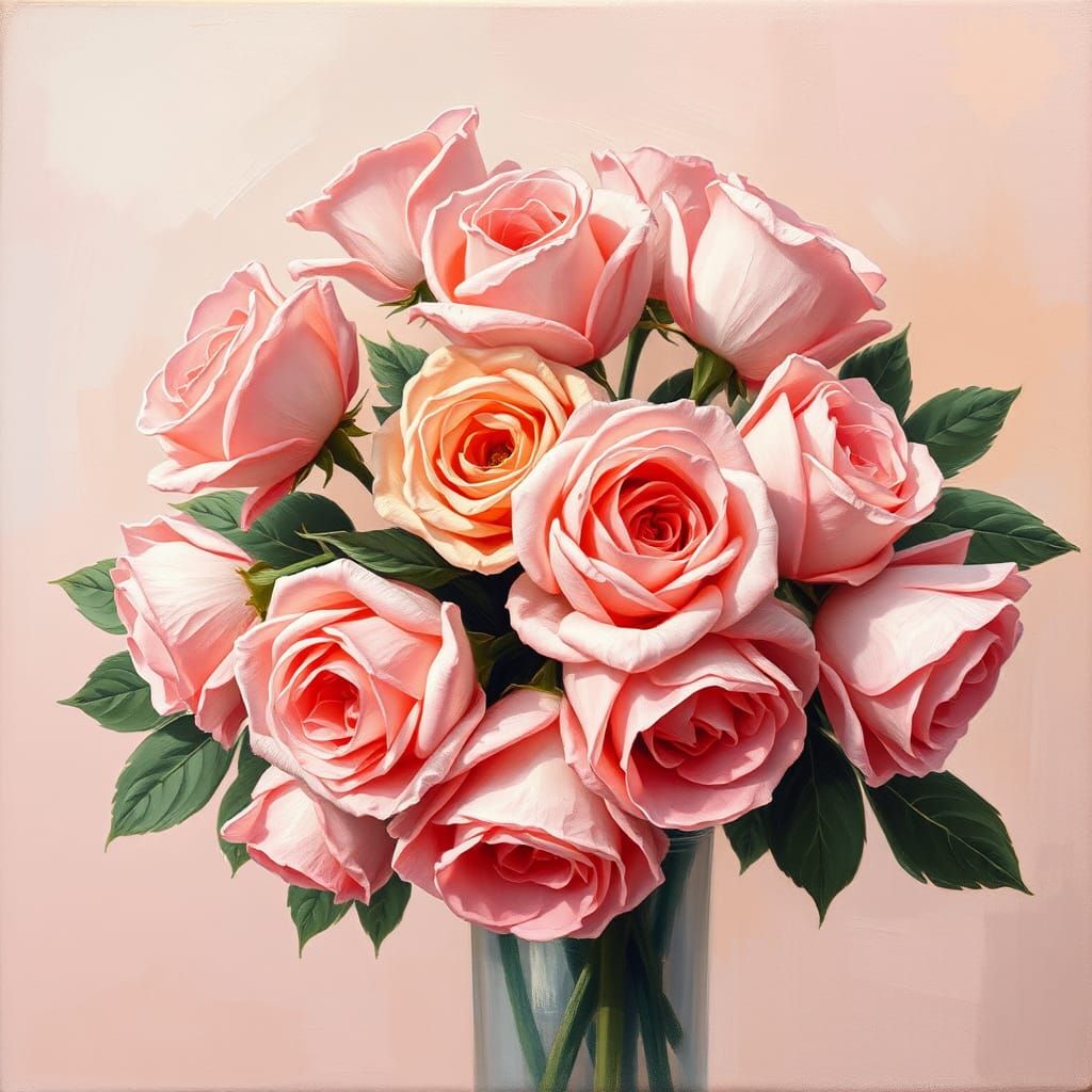 a vibrant bouquet of pink and peach-toned roses arranged in ...