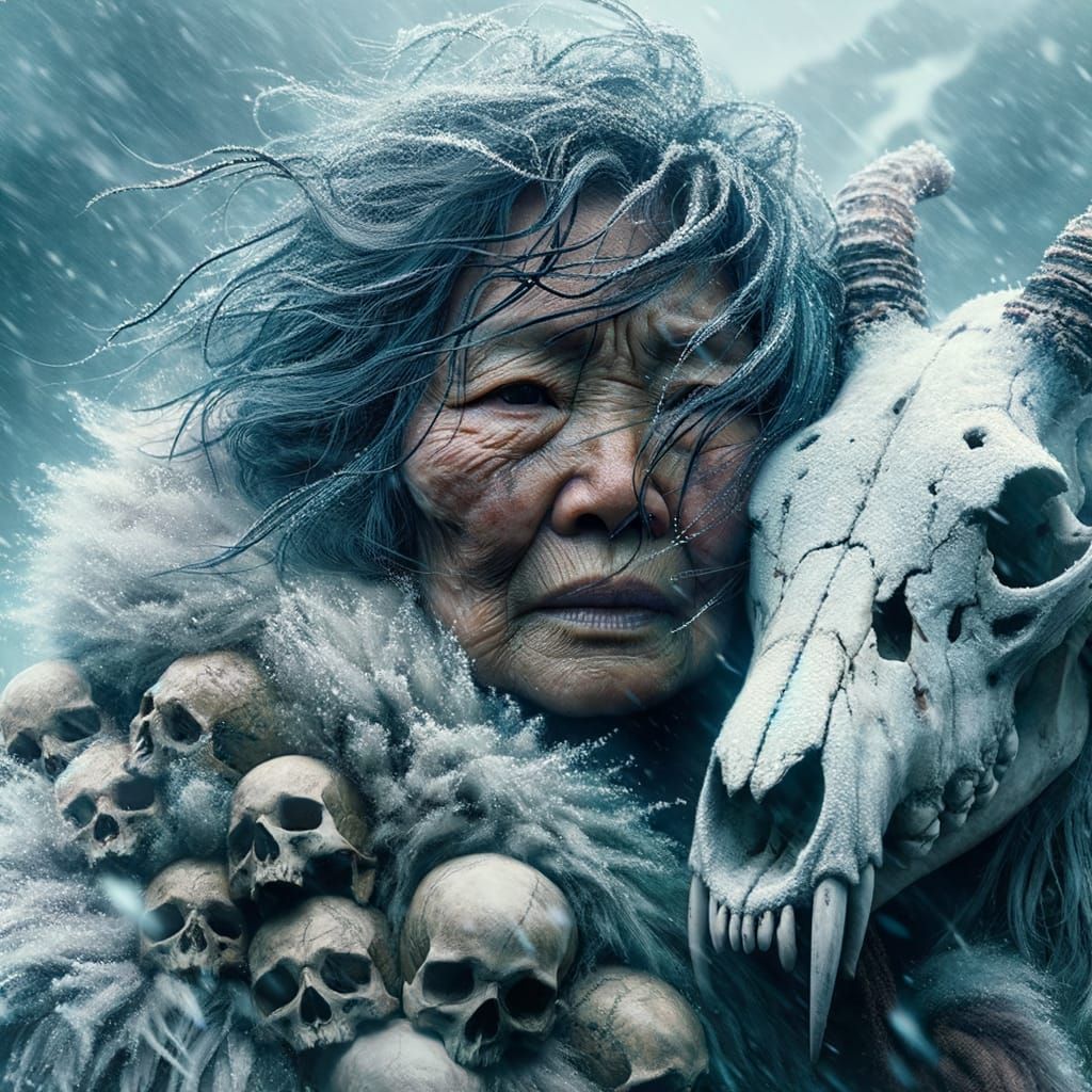 Shaman Embraces Mythical Creature in Icy Rainstorm