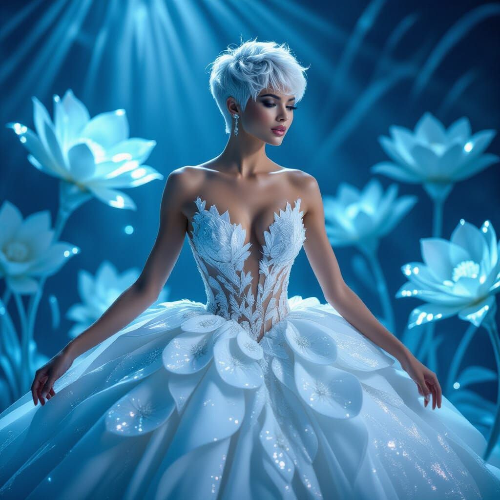 Woman in Elegant Ballgown with Ice Flower Appliqué