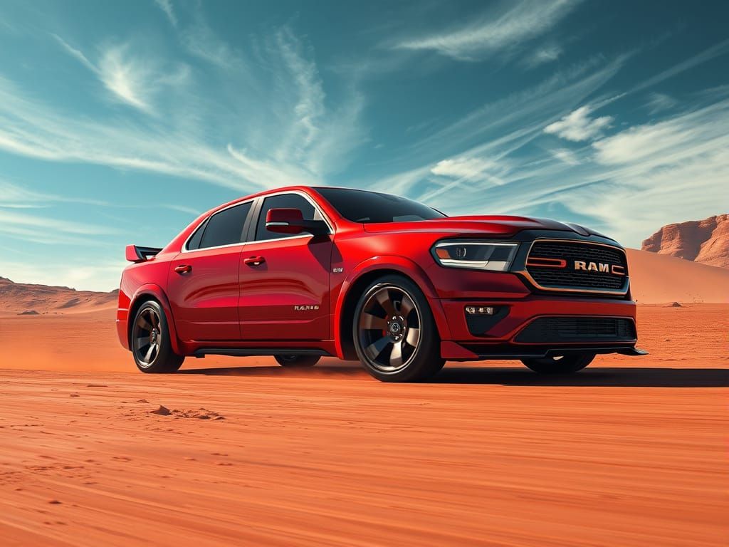 Red Dodge Ram Terraforming Mars with Aggressive Stance