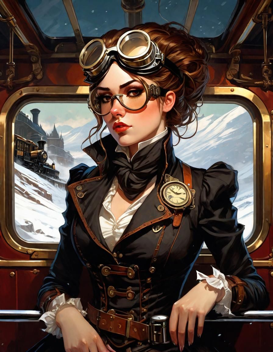 Steampunk Train Interior Portrait in Digital Painting Style