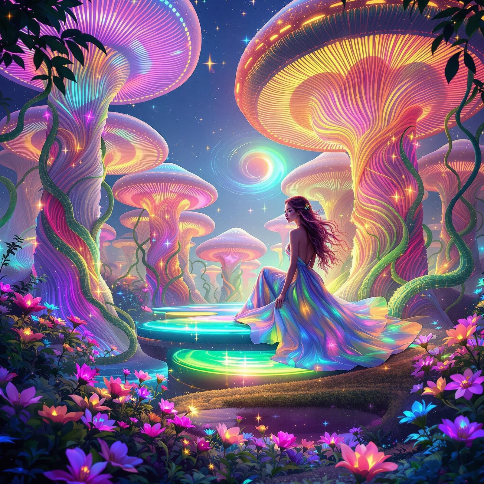 Neon Goddess in Whimsical, Surreal Landscape with Glowing Mu...
