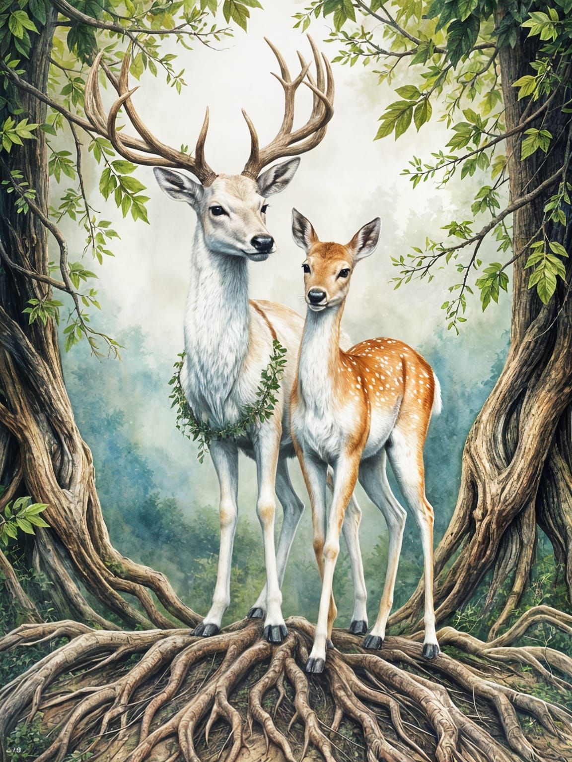 Deer Couple in Ecological Watercolor Art
