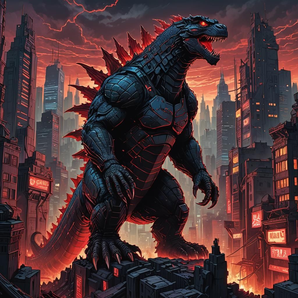 Cyberpunk Godzilla Rises in Neon Noir Cityscape