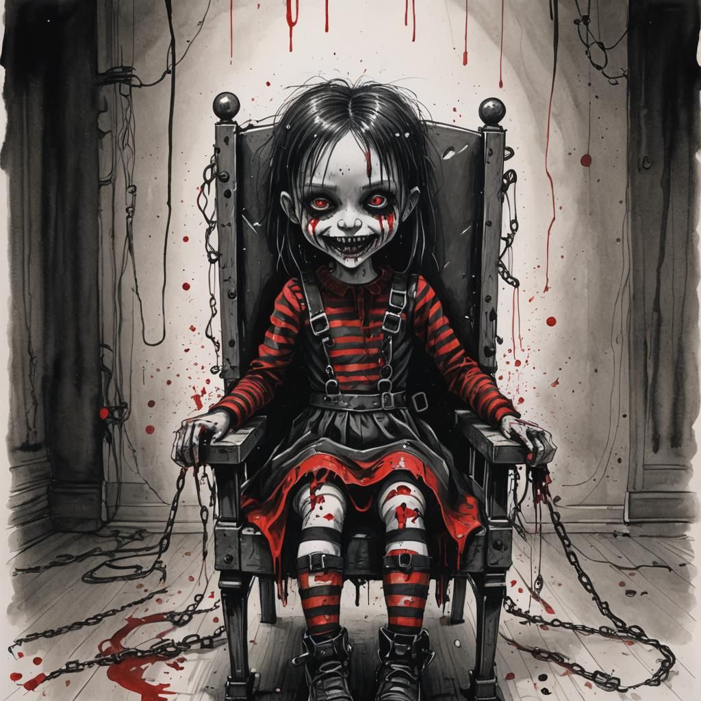 Dark sketch drawing of a little goth girl chained into an el...