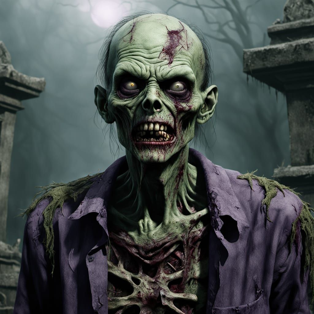 Hyper-Realistic Zombie in a Foggy Graveyard