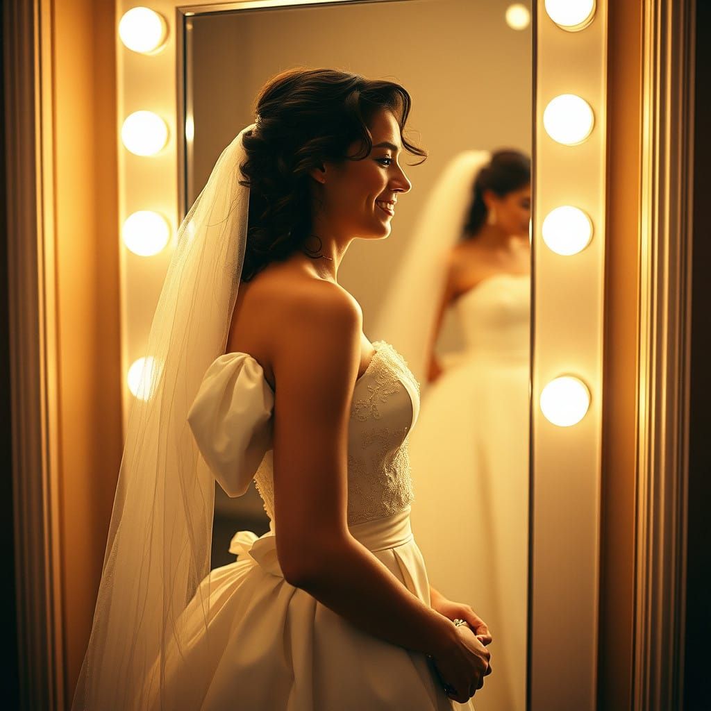 Elegant Young Man Admires Wedding Gown Reflection