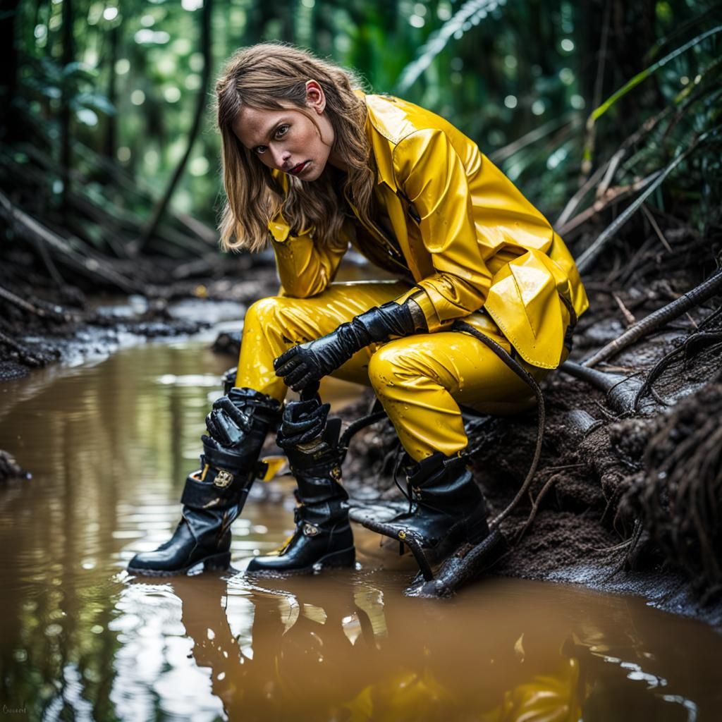 Woman in Transparent Outfit Observes Worms in Jungle