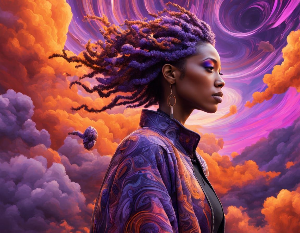 Epic Fashion Concept Art with Swirling Clouds and Neon Light...