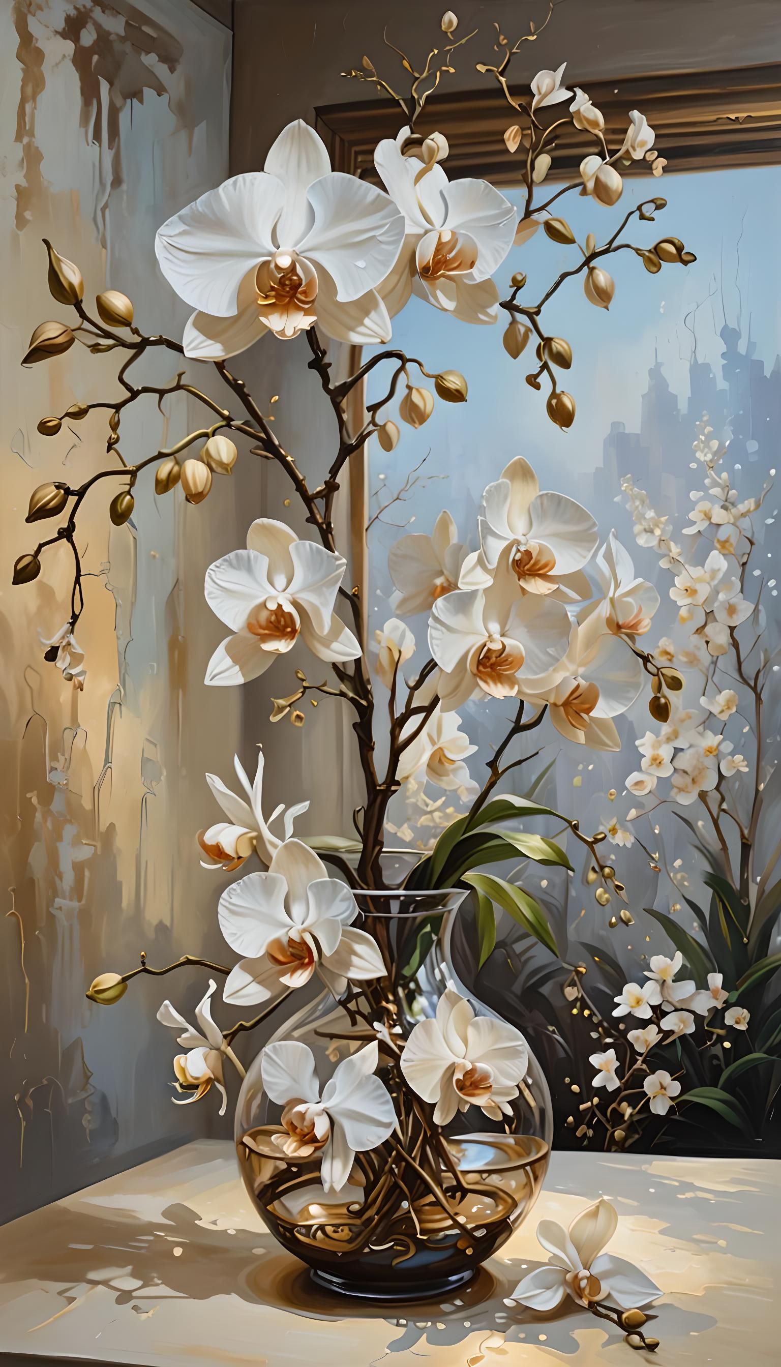 Surreal Geometric Orchids in Oil on Canvas