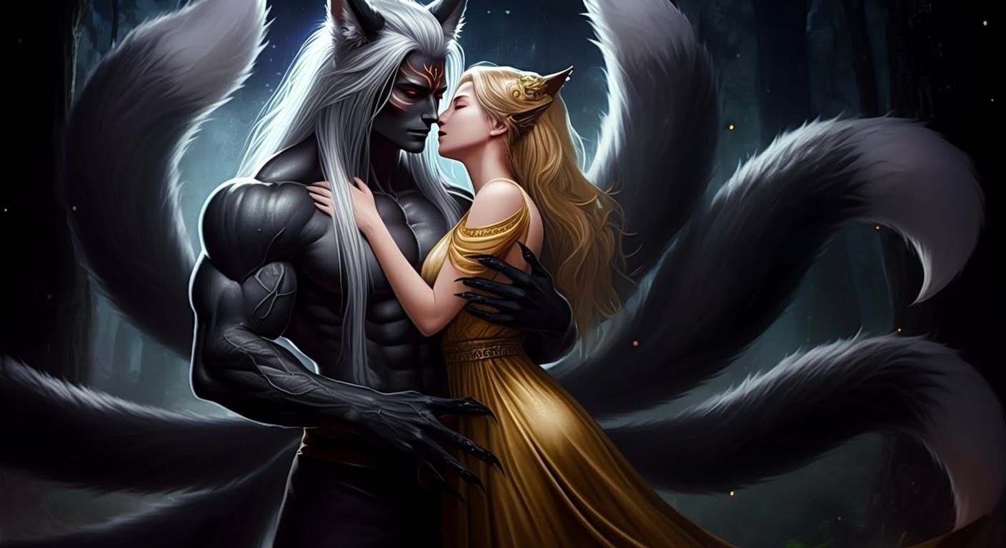 Dark Mythology Half Kitsune with Human Mate in a Fantastical...