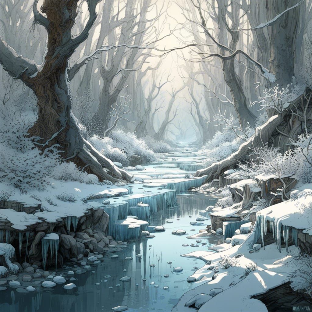 Winter Forest Creek Bed in Maximalist Fantasy Style