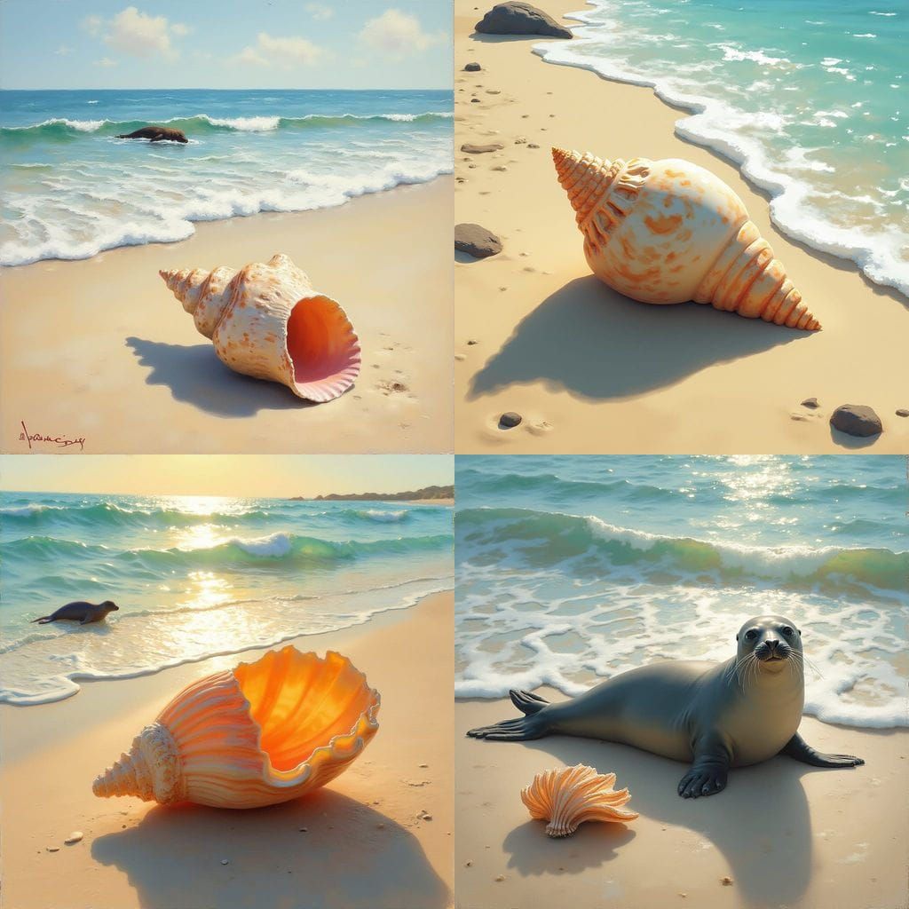 Seashell and Seal on Beach as Oil Painting