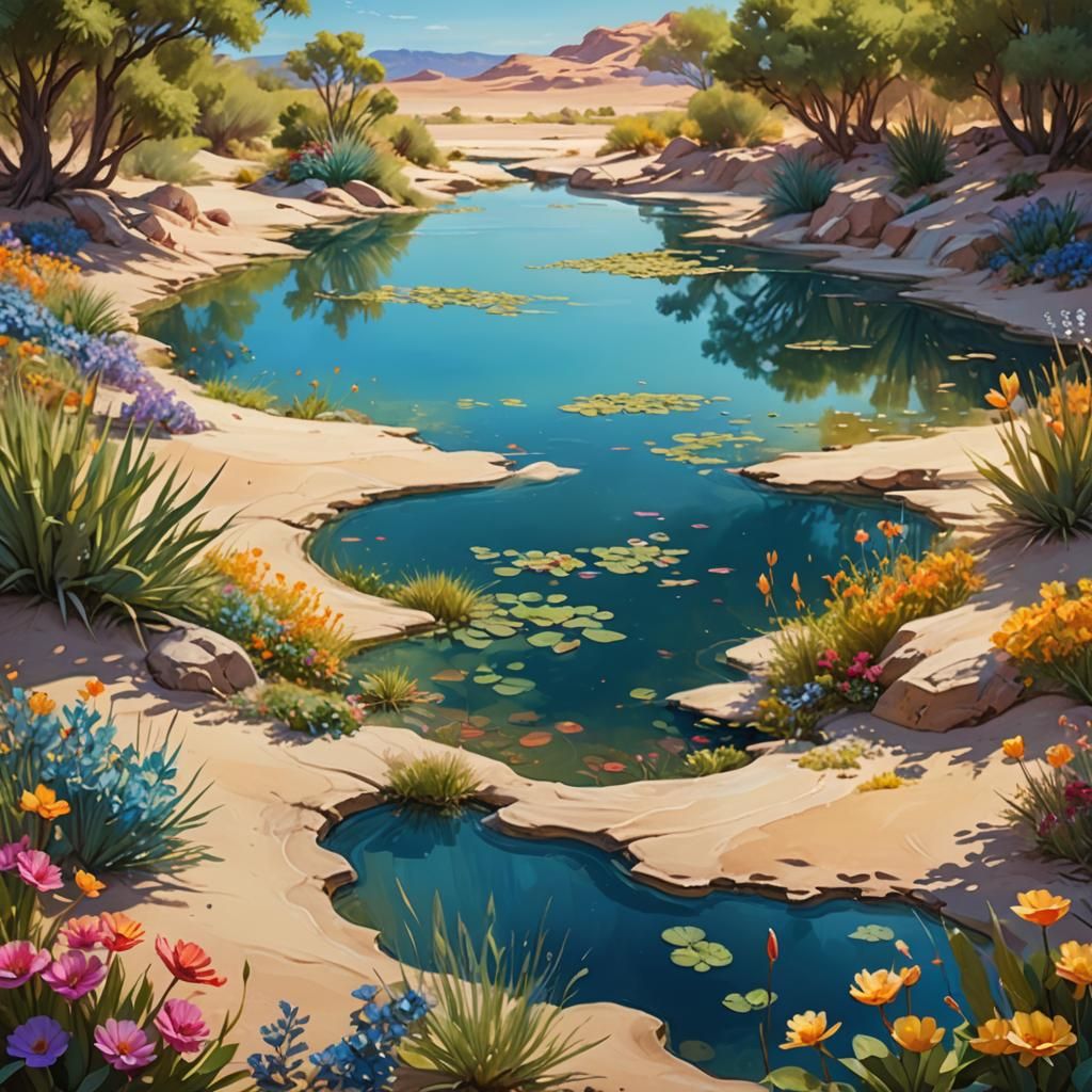 Serene Desert Oasis in Vibrant Oil Painting Style