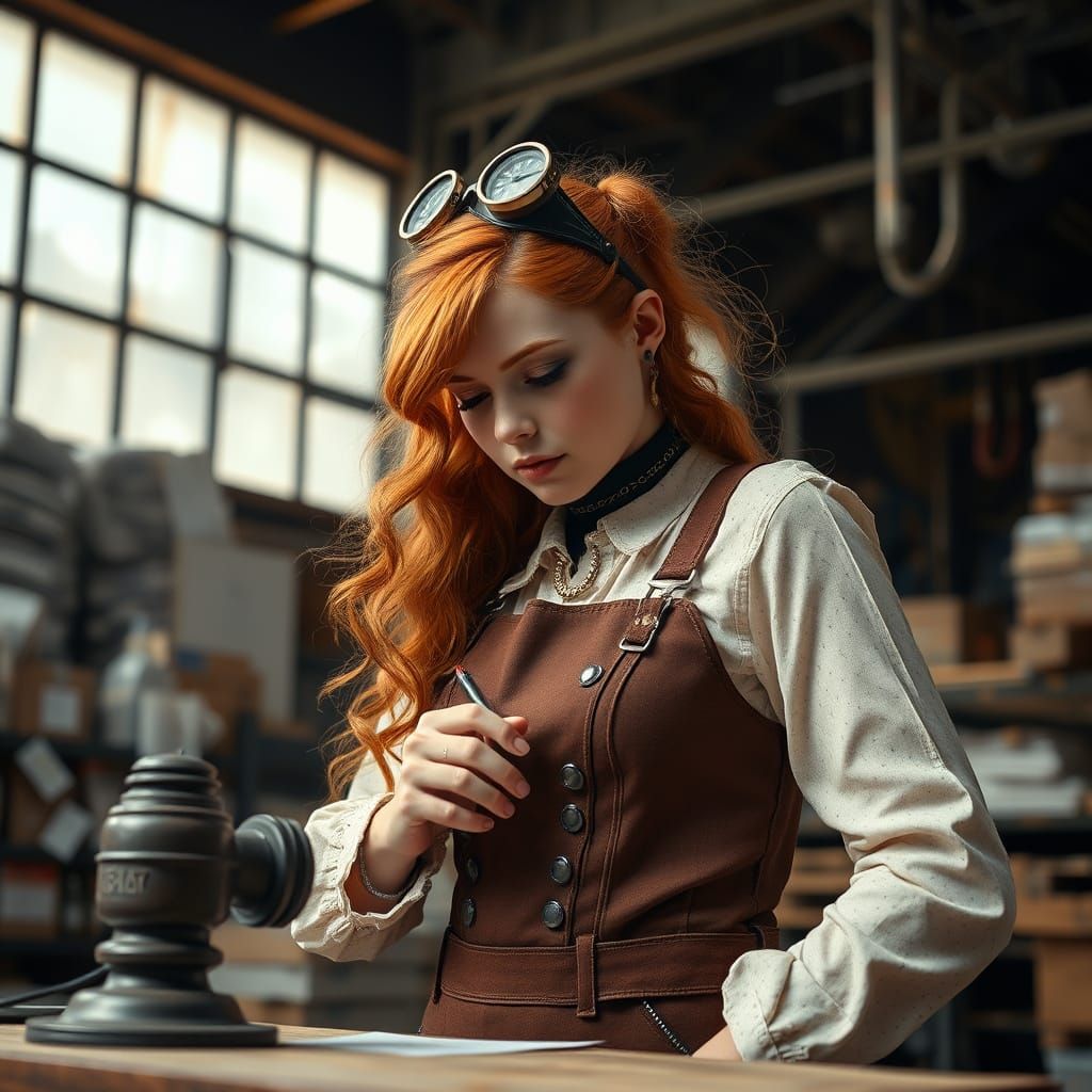 Steampunk Girl Working on Project in Warehouse