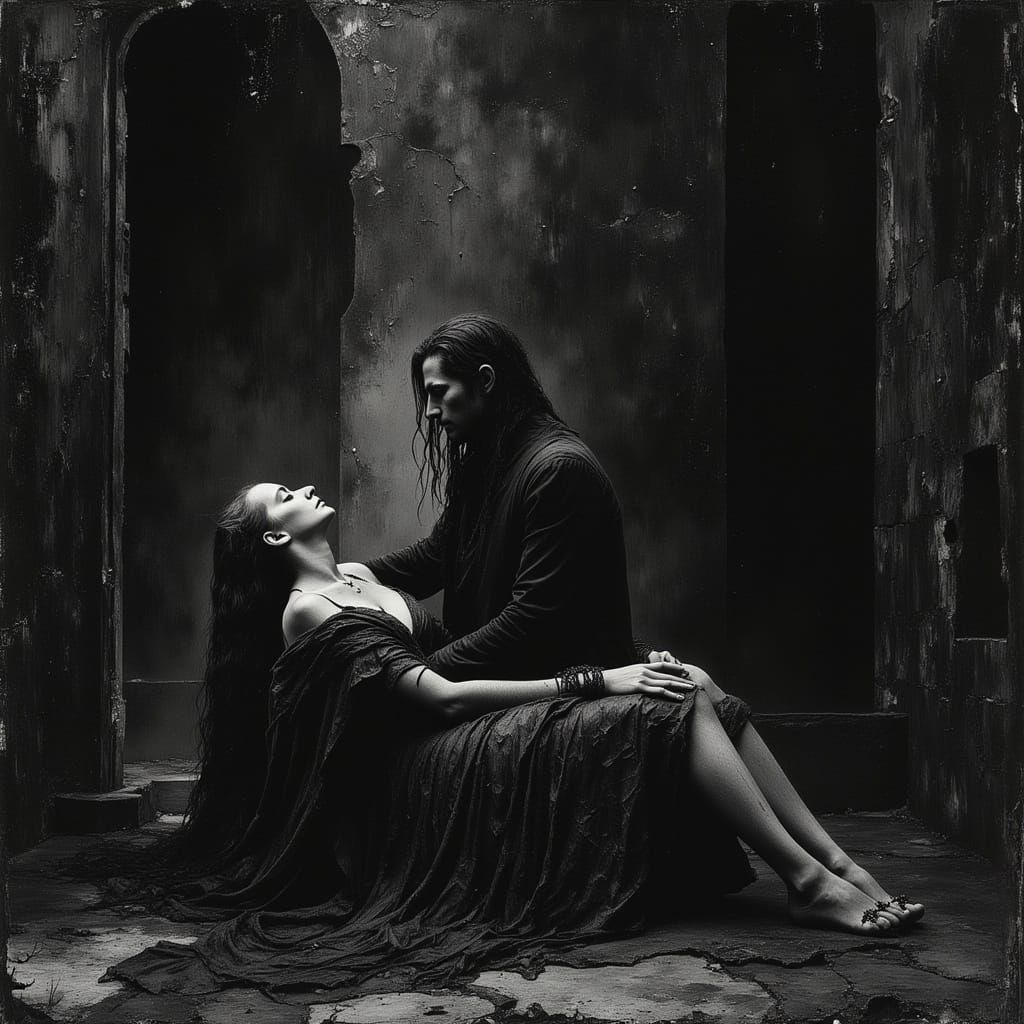 Man Carries Unconscious Demon Woman in Dark Temple